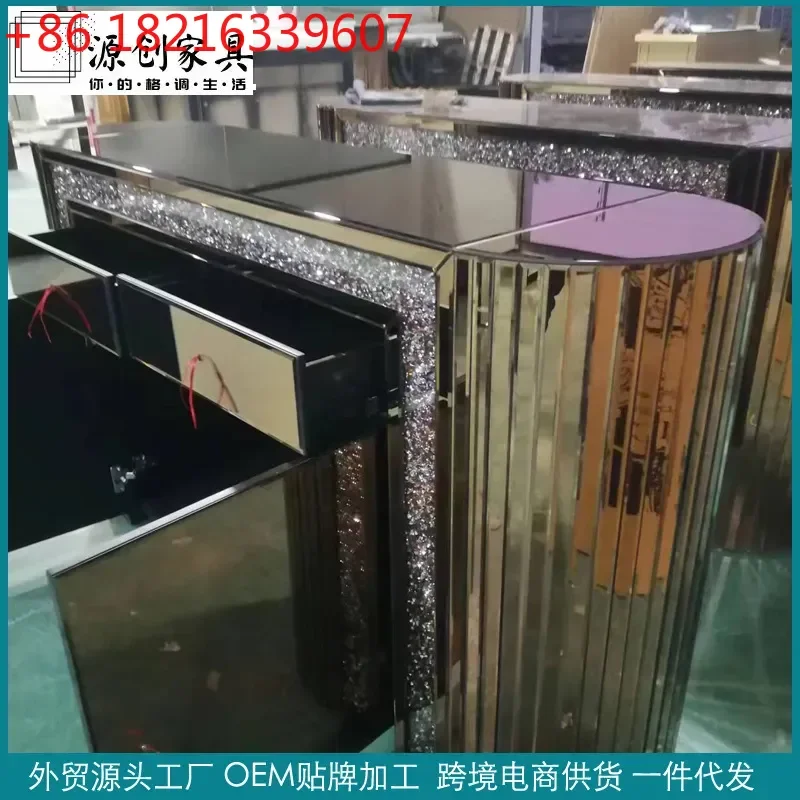 YAORounded Corner Mirror Side Cabinet Glass Display Locker Light Luxury Beveled Edge Two Door with Drawer Storage Furniture