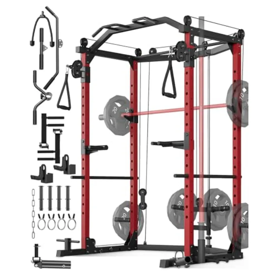 Power Cage for home gym use, steel construction, red color, 1600 LBS weight capacity with cable crossover system and multiple t