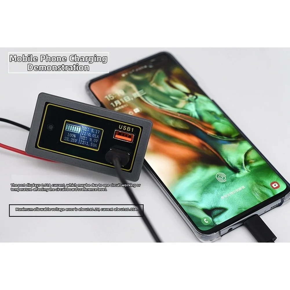 Car Battery Voltage Meter with Dual USB Fast Charging and LCD Display Showing Voltage Current and Battery Percentage