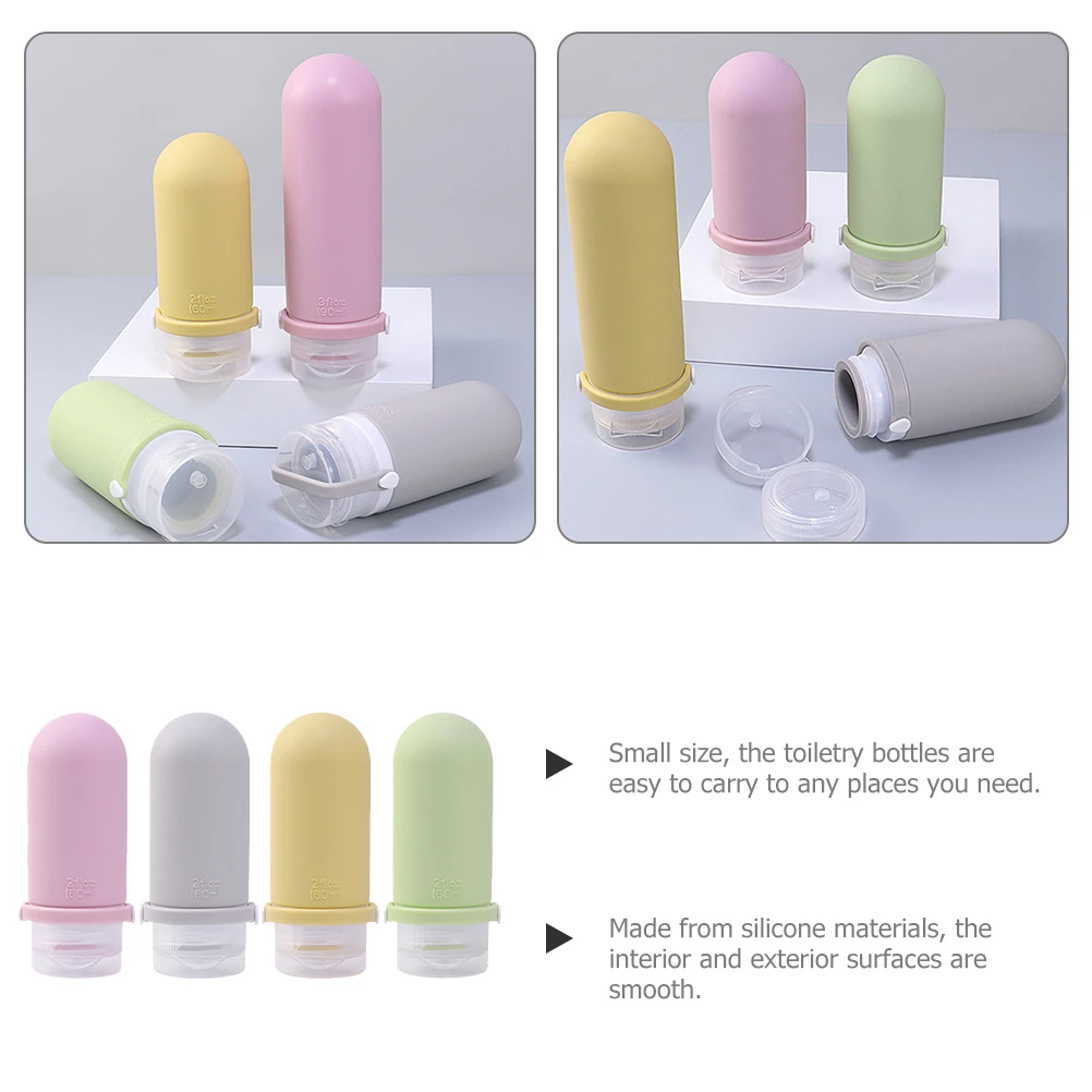 

4 Leak Proof Silicone Travel Bottles 60ml Set Straps Shampoo Conditioner Toiletries Lotion Containers Portable Storage