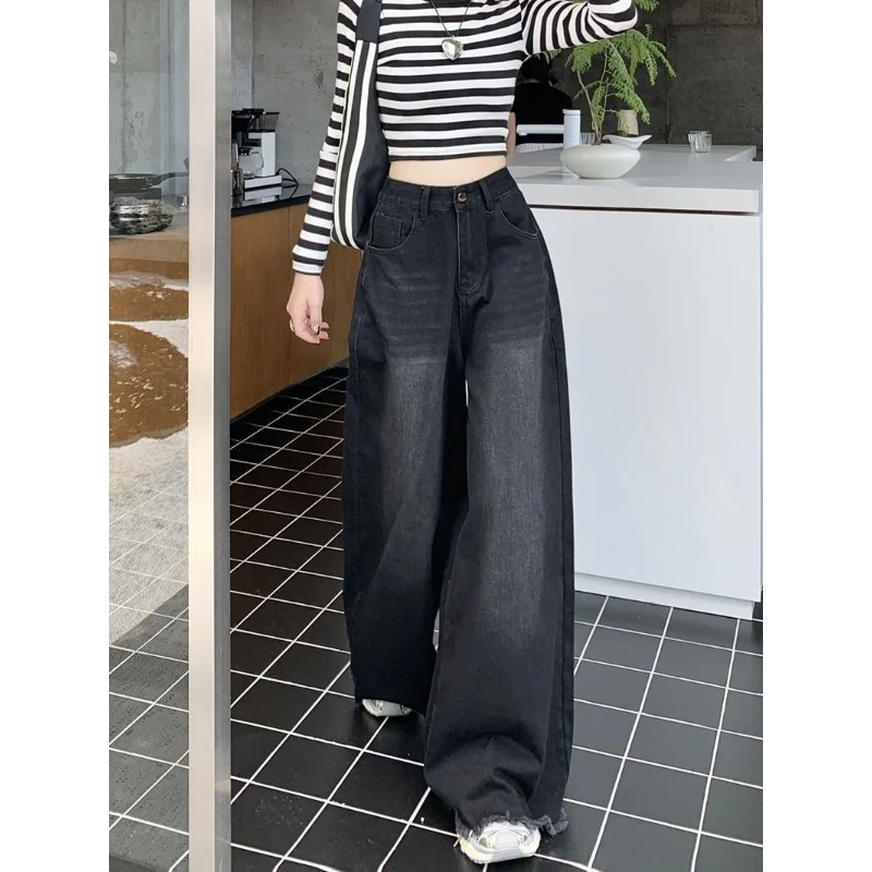 Retro Fur Edgeขากว้างขากว้างผู้หญิงฤดูใบไม้ร่วงใหม่เอวสูงSlim Droopingชั้นกางเกง