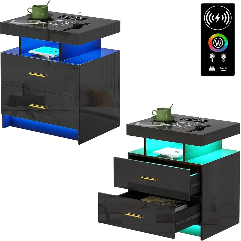 Dual-Functional LED Nightstands with Charging Ports, 24-Color Bedside Tables for Modern Bedrooms