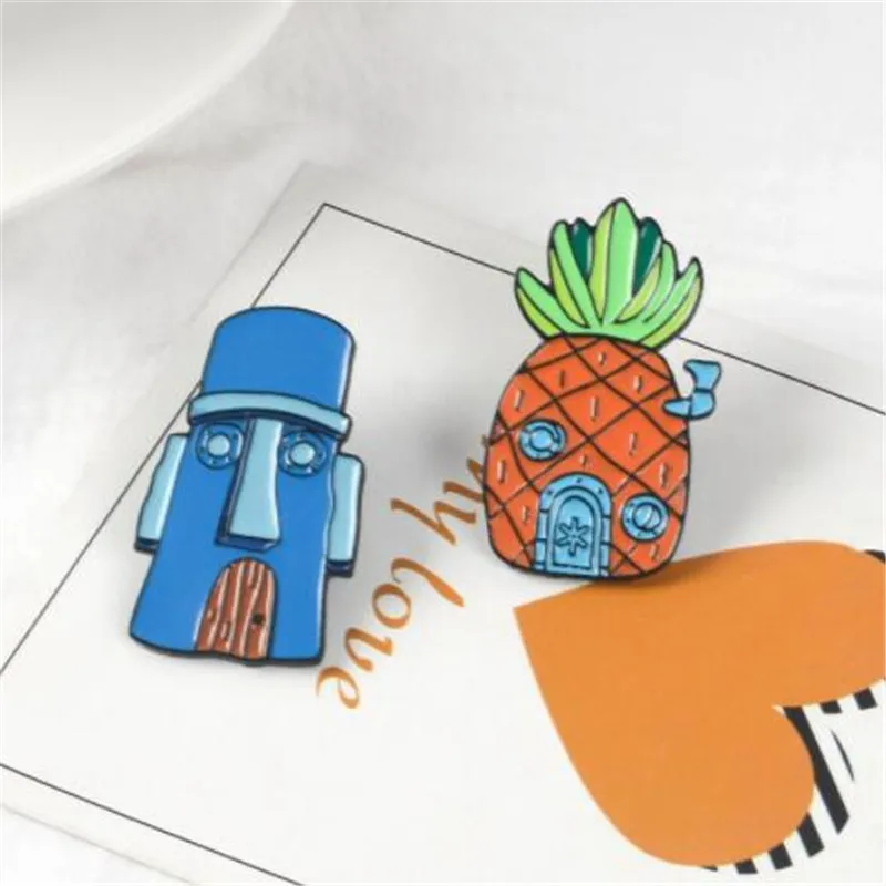 1pc Cartoon Pin Masks House Pineapple House Squidward Sponge Hard Enamel Pins Backpack Denim Badge For Gift