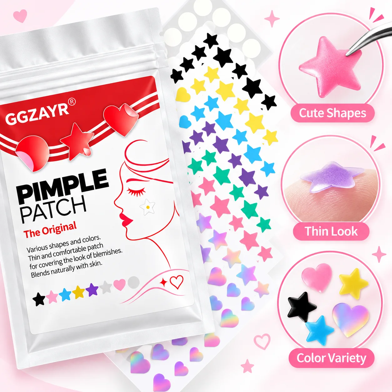 288pcs Mixed Shape Pimple Patch Hydrocolloid Stickers Star Heart Round Design Colorful Face Care Adhesive Patch Collection