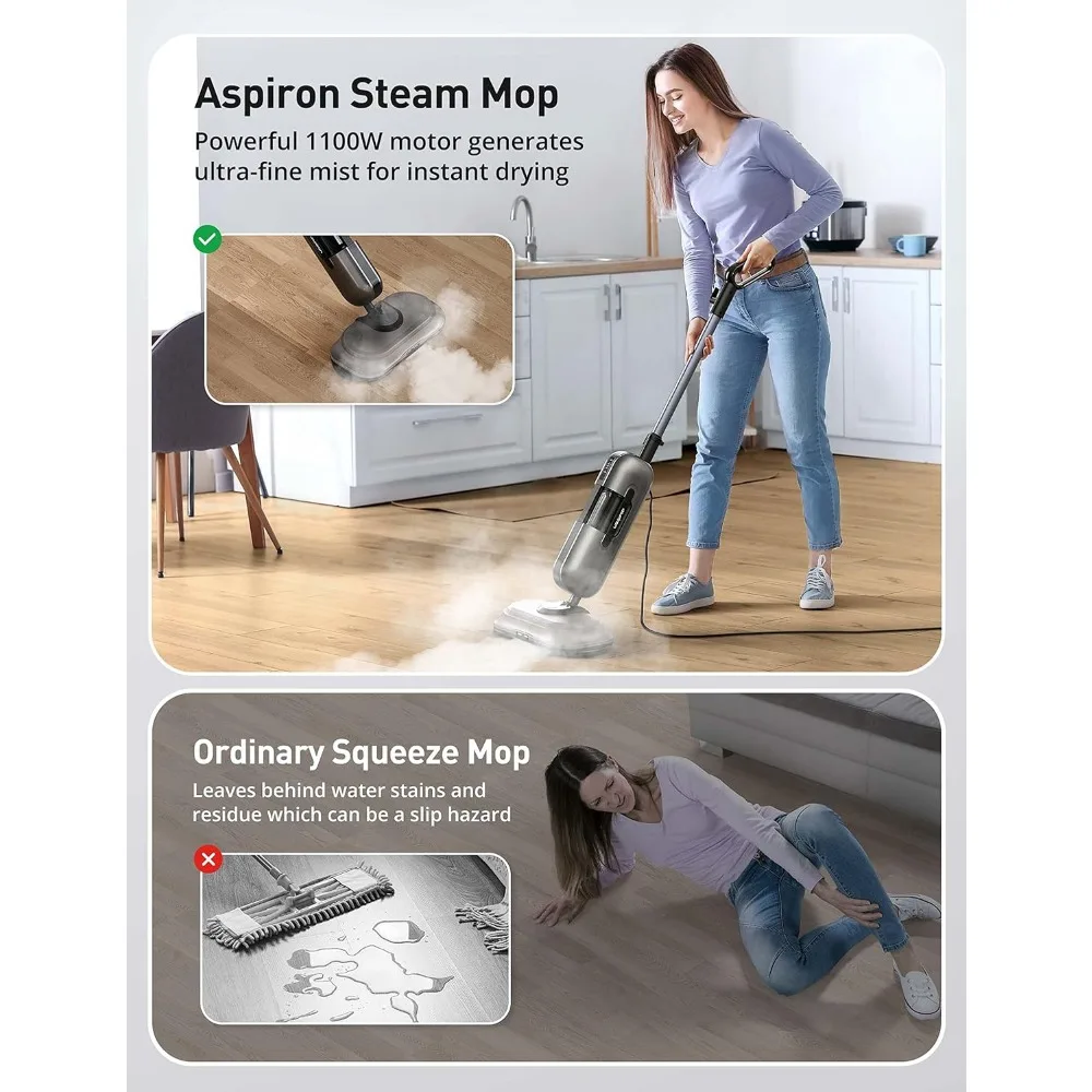 Electric Spin Scrub Steam Mop, Handle Control 3 Steam Modes Steam Cleaner,110℃/ 230℉ Steam,410ml Water Tank, LED Light, Steamer