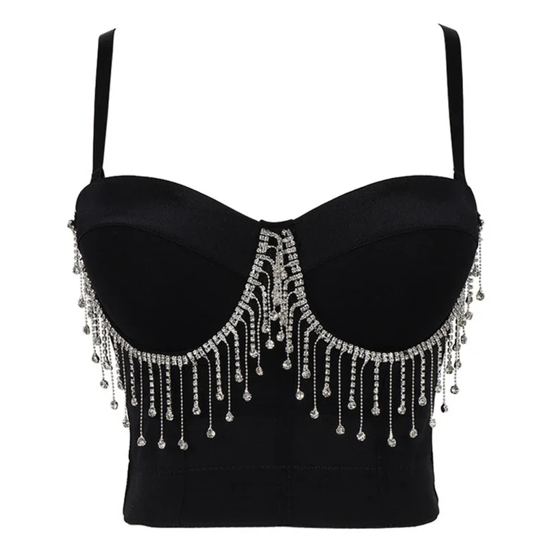 

Sexy Tassel Chain Belly Dance Tops Costume Mesh Slim Strap Push Up Shaper Bustier Bra Solid Color Short Cropped Top