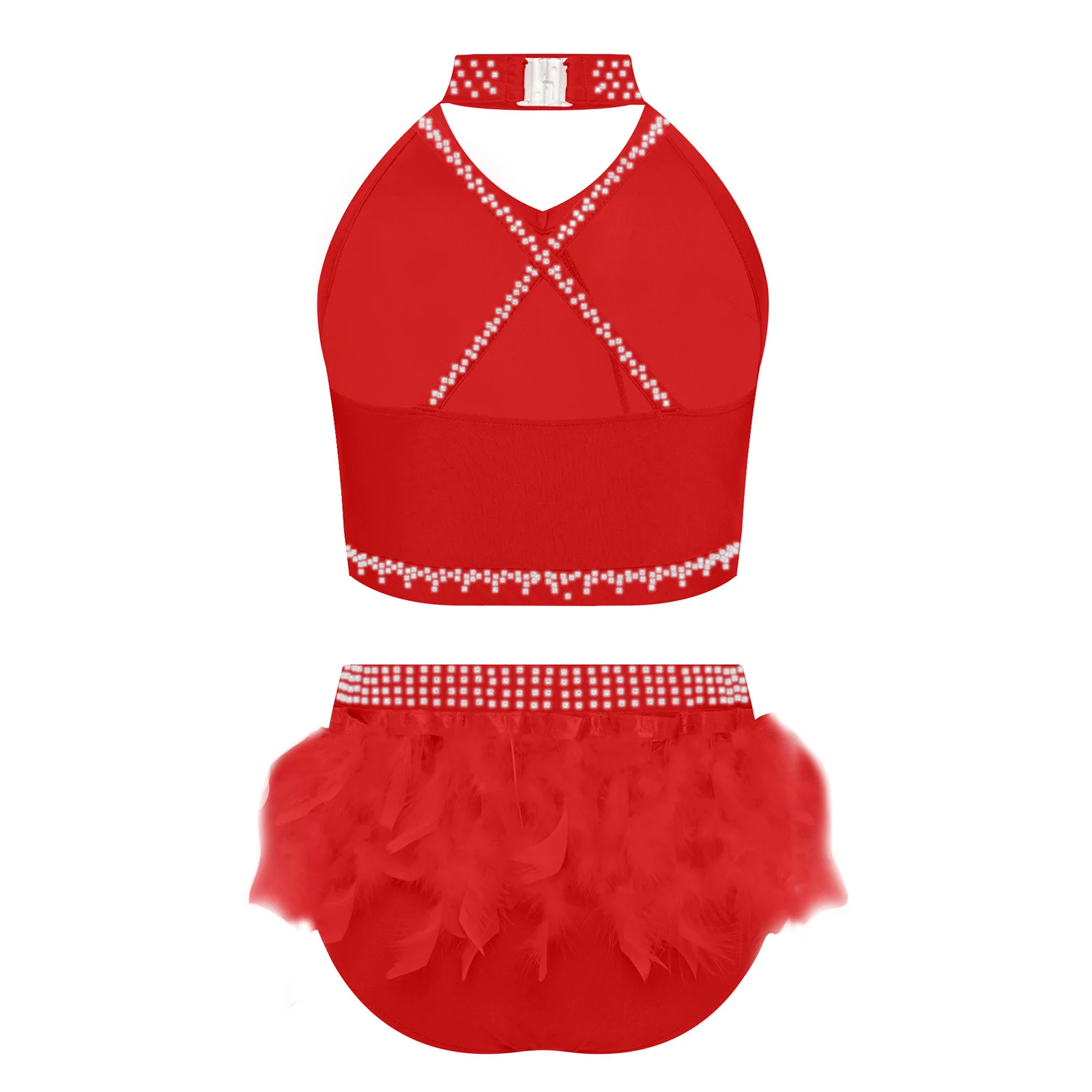 Ensembles de danse de Ballet pour enfants filles, Costume de spectacle lyrique, dos croisé, strass, haut court froncé avec slip en plumes, jupe