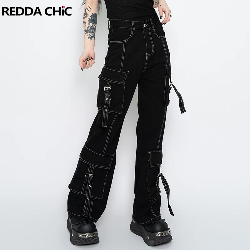 

REDDACHiC White Seamed Denim Cargo Pants Women Vintage Multi-pocket Solid High Waist Casual Wide Baggy Jeans Hiphop Work Wear