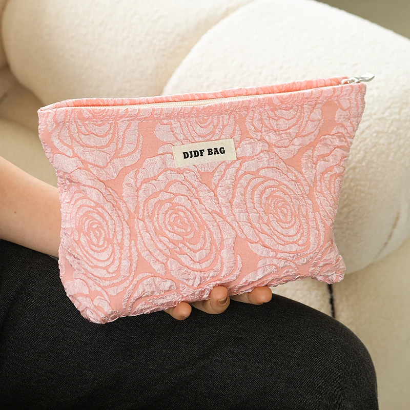 Borsa per il trucco femminile con fiore rosa borsa da toilette da viaggio portatile borsa per il cambio di cosmetici di grande capacità pochette per