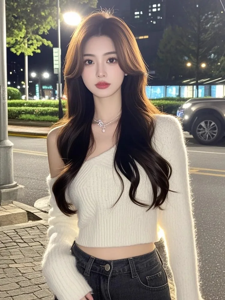 

Сексуальный сладкий пряный оulder Bared Long Sve вязаный свитер, женский дизайн, облегающий топ с баррезом живота, осень-зима