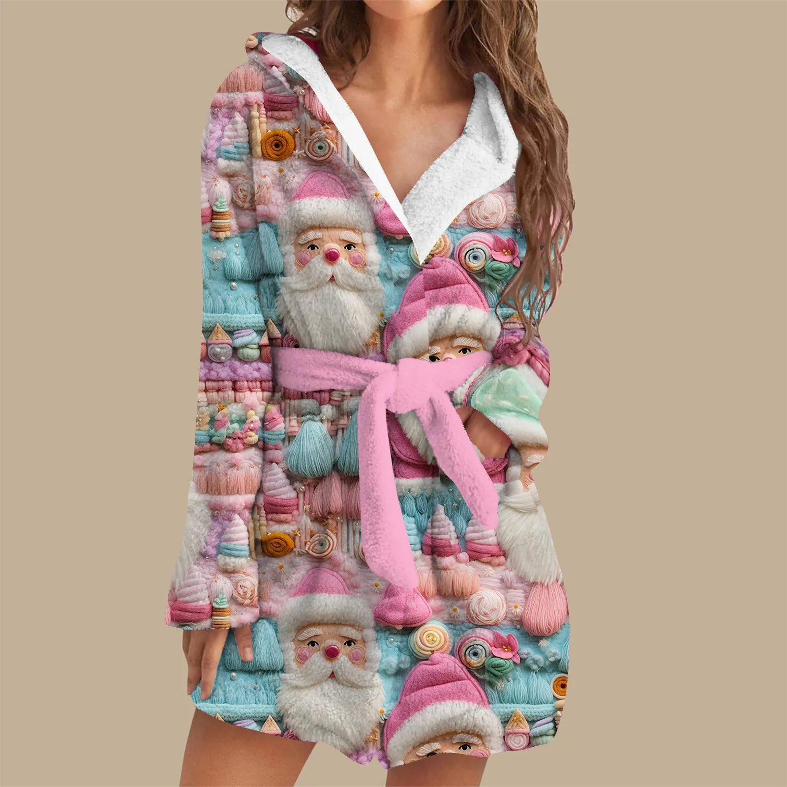 Women\'S Long-Sleeved Christmas Themed Pajamas Autumn And Winter Warm Bathrobe Home Clothes Plush Christmas Print Pajamas Robe