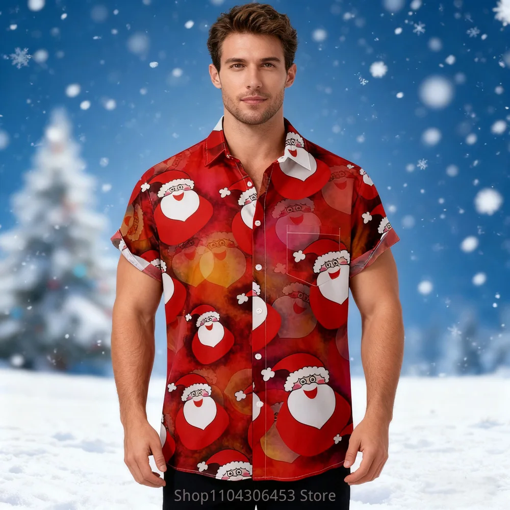 New Men's Christmas Element Short-sleeved Shirt Santa Claus New Year Cartoon 3D Digital Printing Shirt Spring and Autumn Men's