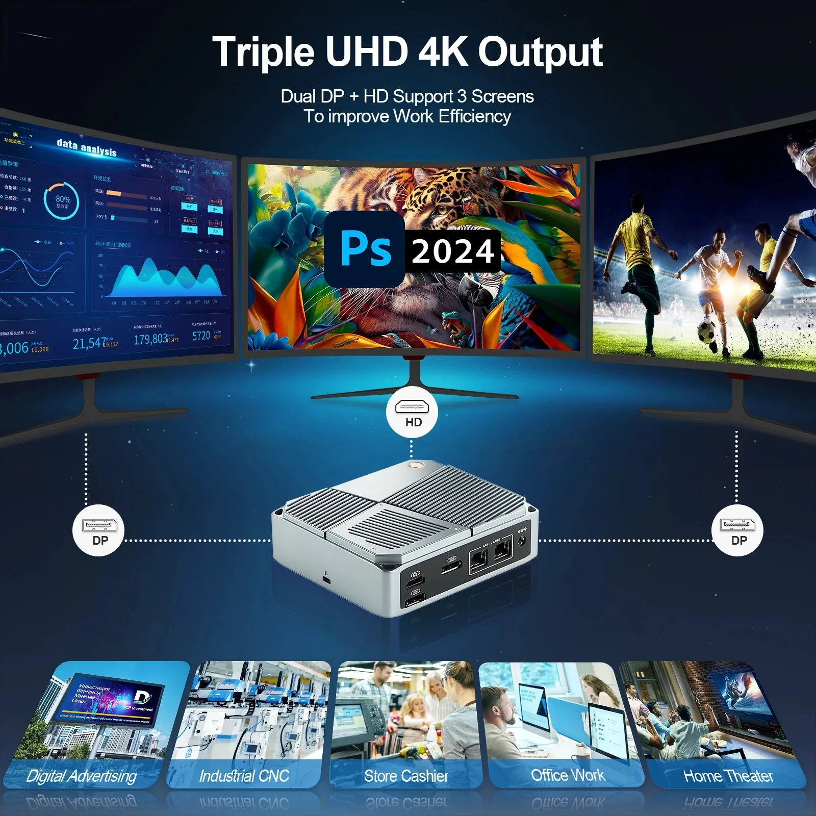 كمبيوتر صغير VNOPN Intel N100/AMD A9-9420 Win10 DDR4 2LAN HDMI + 2 * DP كمبيوتر جيب صغير مزدوج SSD وظيفة كاملة Type-C 4K 60 هرتز