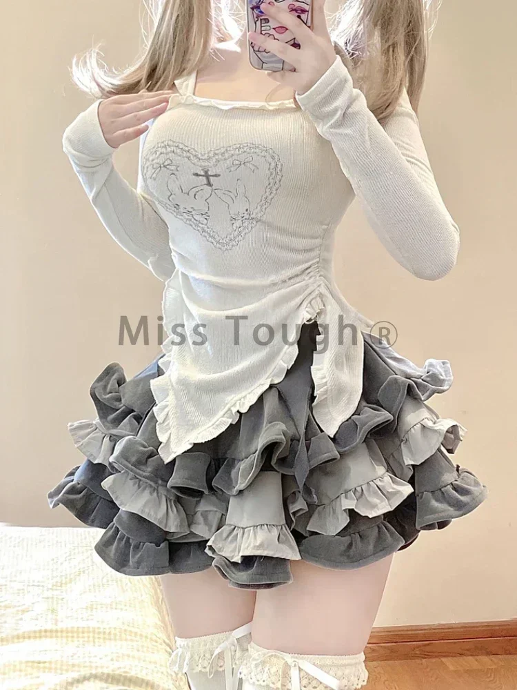 Autumn Japanese Kawaii Two Piece Set Women Sweet Rabbit Print Cute Skirt Suit Female Korean Slim Tops+Princess Cake Skirt 2024