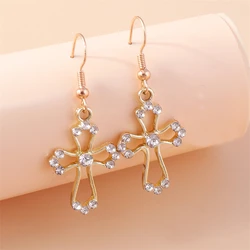 Cute Crystal Cross Drop Earrings for Women Gothic Alloy Cross Dangle Hooks Earrings Girls Party Holiday Jewelry Gifts