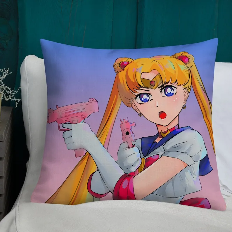 Pink Uzis lo-fi Anime Aesthetic  Premium Pillow  Japanese Anime Inspired Cushion Blonde Anime Schoolgirl holding Submachine Guns