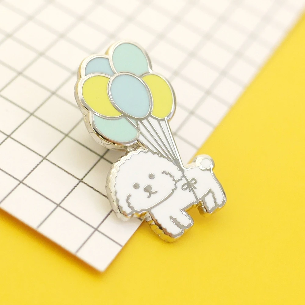 Cartoon Childlike Balloon Little White Dog Hard Enamel Pin Kawaii Cute Animal Dog Metal Brooch Accessories Fashion Badge Jewelry