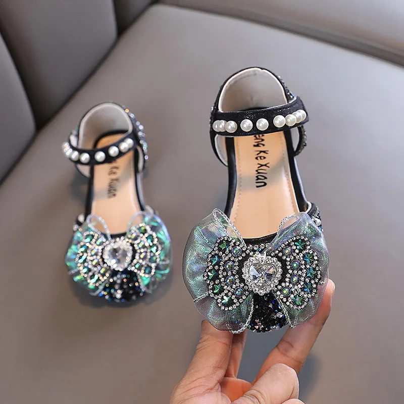 Girls Princess Shoes Sandals Summer Fashion Sequins Bow Flat Sandals Students New Children Rhinestones Sandals H550