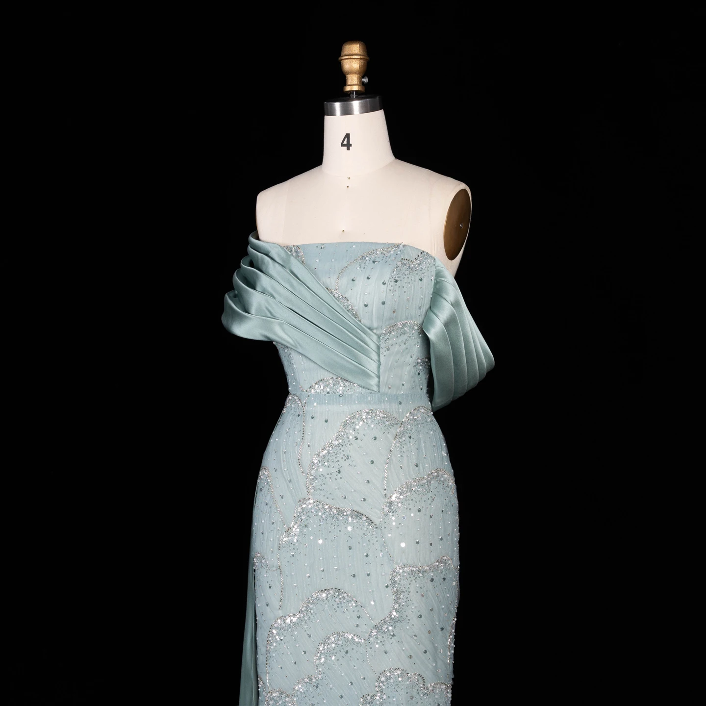 Sharon Said Abendkleid Glamouröses Grünes Perlen-Quastenkleid Schulterfreies Hochzeitskleid Luxuriöses Dubai Formelles Partykleid SS670 Maßanfertigung – Detail 10