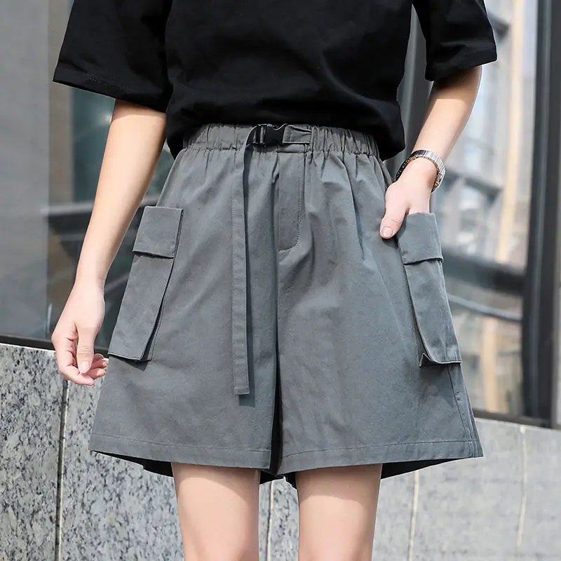 

Workwear Shorts Female Neutral Summer New Straight Cylinder Quarter Pants Loose Motion Casual Solid Color Elastic Waist Shorts