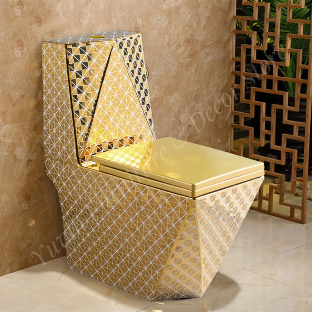 Luxury Square Dual-Flush One Piece Ceramic Toilet with Gold Finish Floor Mounted