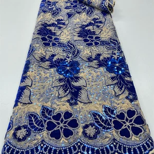 Lantejoulas africanas tecido de renda de veludo nigeriano malha francesa tecidos de renda líquida para costura 2023 vestido de festa de casamento de alta qualidade rc129 9 principais vendas pano de veludo o metro - №9