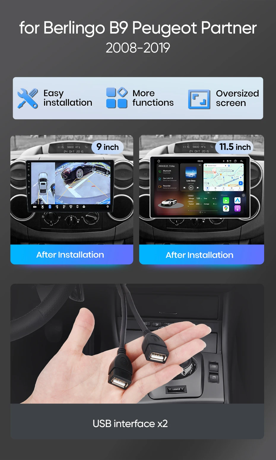 Junsun Android Auto Autoradio für Citroen Berlingo B9 Peugeot Partner 2008 2009-2019 Multimedia Wireless Apple CarPlay Intelligente Systeme IPS Touchscreen Stereo Video Player 2 Din Autoradio Head Unit Navigation BT GPS 4G WIFI FM AM DSP RDS SWC – Detail 2