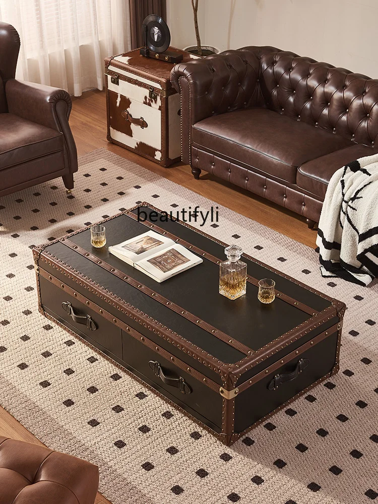 French Style Antique Coffee Table Club Coffee Table Genuine Leather Retro Leather Suitcase Coffee Table American Luggage