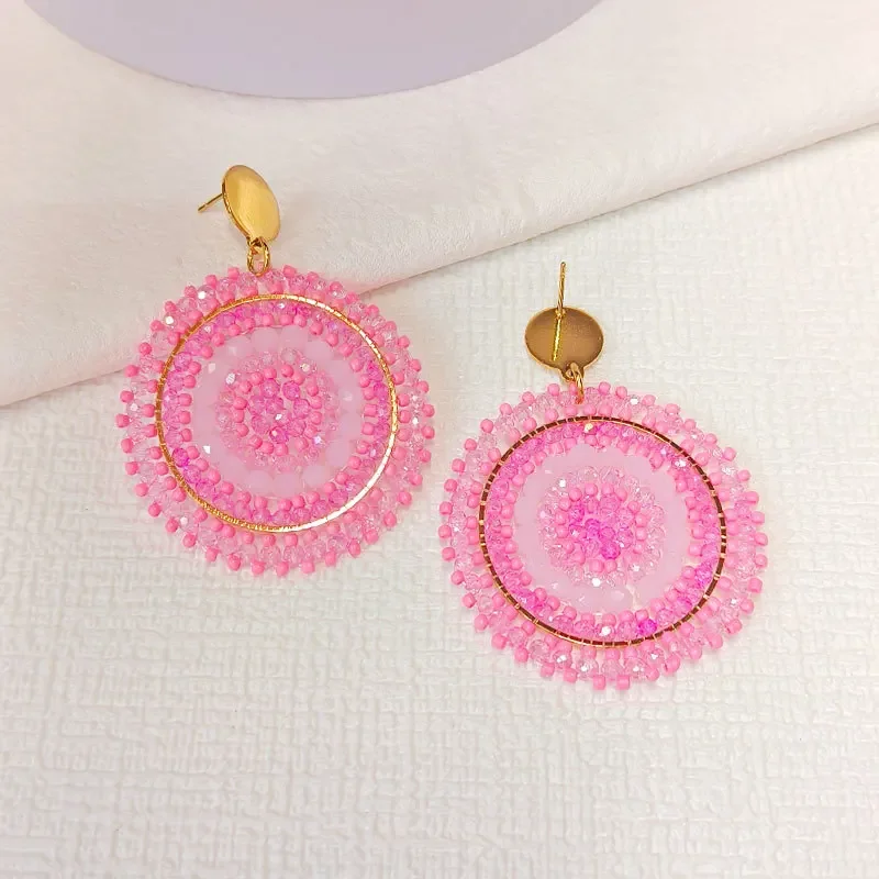 ZGMXR Rice bead earrings Round Gradient color Crystal Hand knitting Bohemia Alloy Fashion  Heart Water drop Beaded earrings