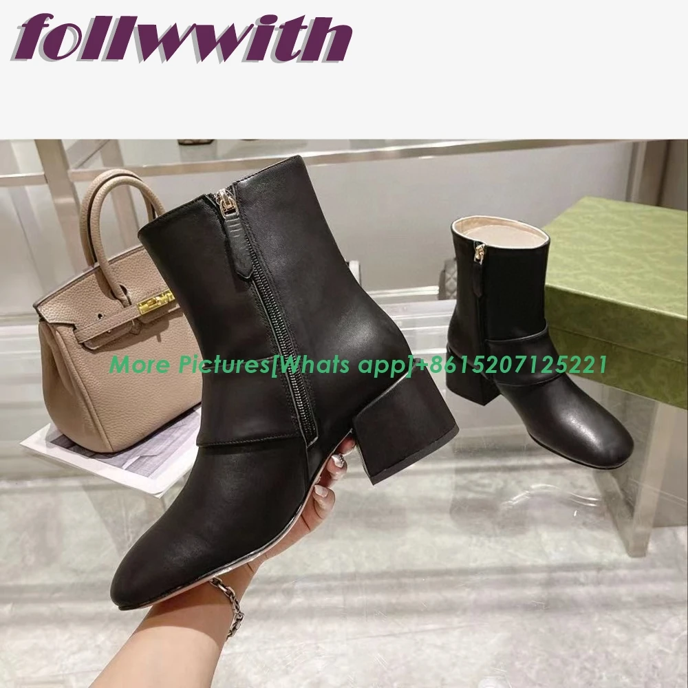 Black Solid Concise Metal Decoration Boots Ankle Splicing Women Zipper 2024 Autumn Catwalk New Daily Chunky Heel Shoes