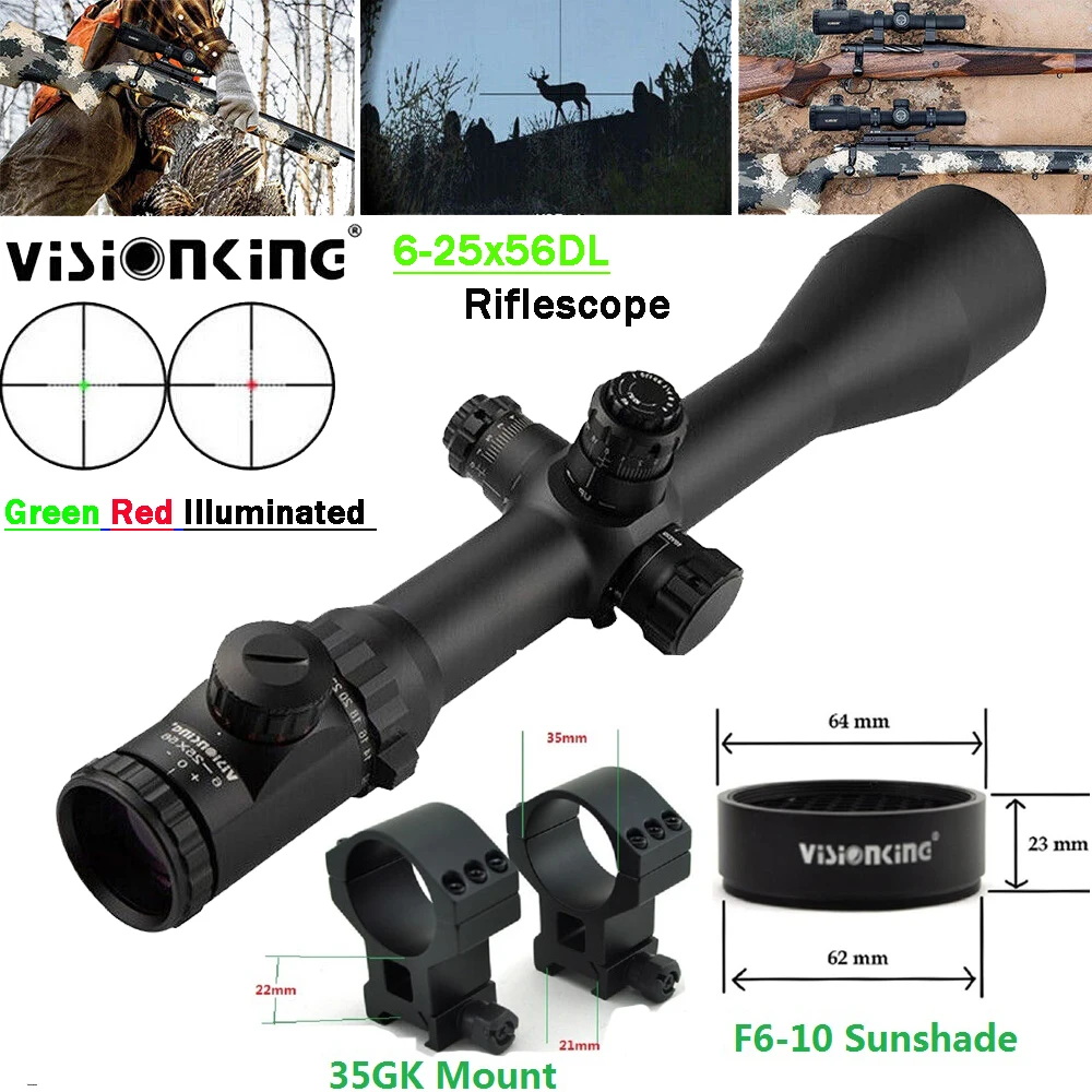 

Visionking 6-25x56 Rifle Scope Side Focus Tactical Hunting Illuminated W/ Honeycomb Sunshade &21mm Picatinny Mount Rings