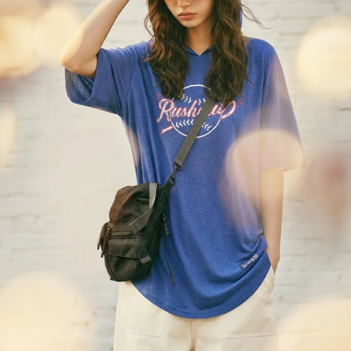 Maden Women's Graphic Print Hoodie T Shirt Loose Fit Short Sleeve Hooded Pullover Casual Top Vintage Blue for Summer