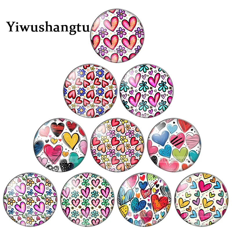 Colorful heart Love mixed illustrations Paingtings 12mm/18mm/20mm/25mm Round photo Glass Cabochon demo flat back Making findings