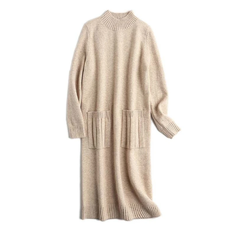 Outono inverno feminino camisola de malha vestido sólido meia gola alta manga comprida pulôver de malha solto feminino vestido de camisola de fundo