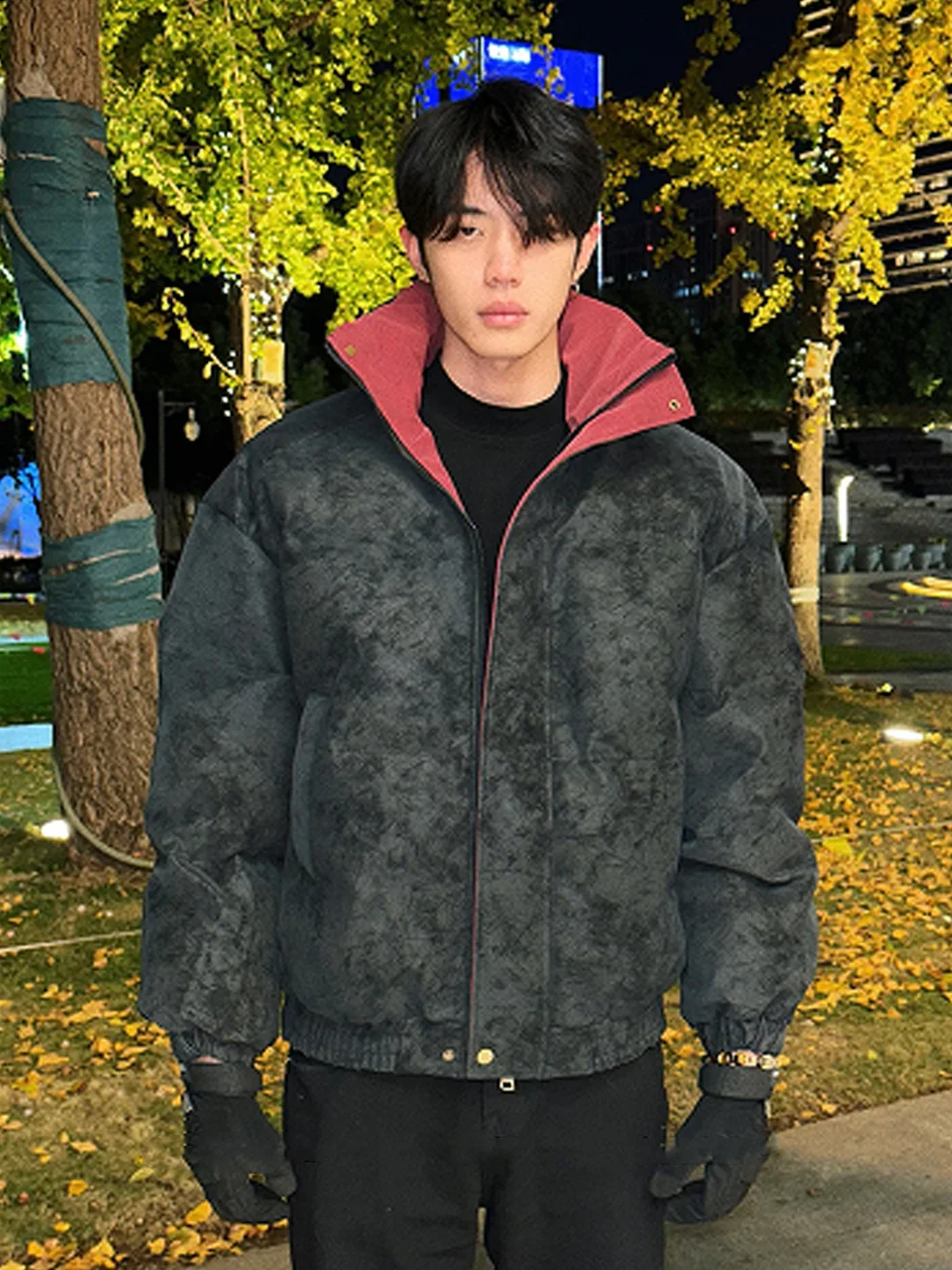 

American Dyed PU Leather Jaet Thiened Stand Collar down Coat Men's Faionable Bread Sle High-End Feeling Windproof Lon...