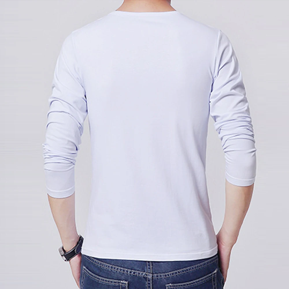Camiseta de manga comprida com gola redonda masculina, camiseta casual slim fit, tecido de poliéster, tops esportivos fitness, branco, preto, cinza claro