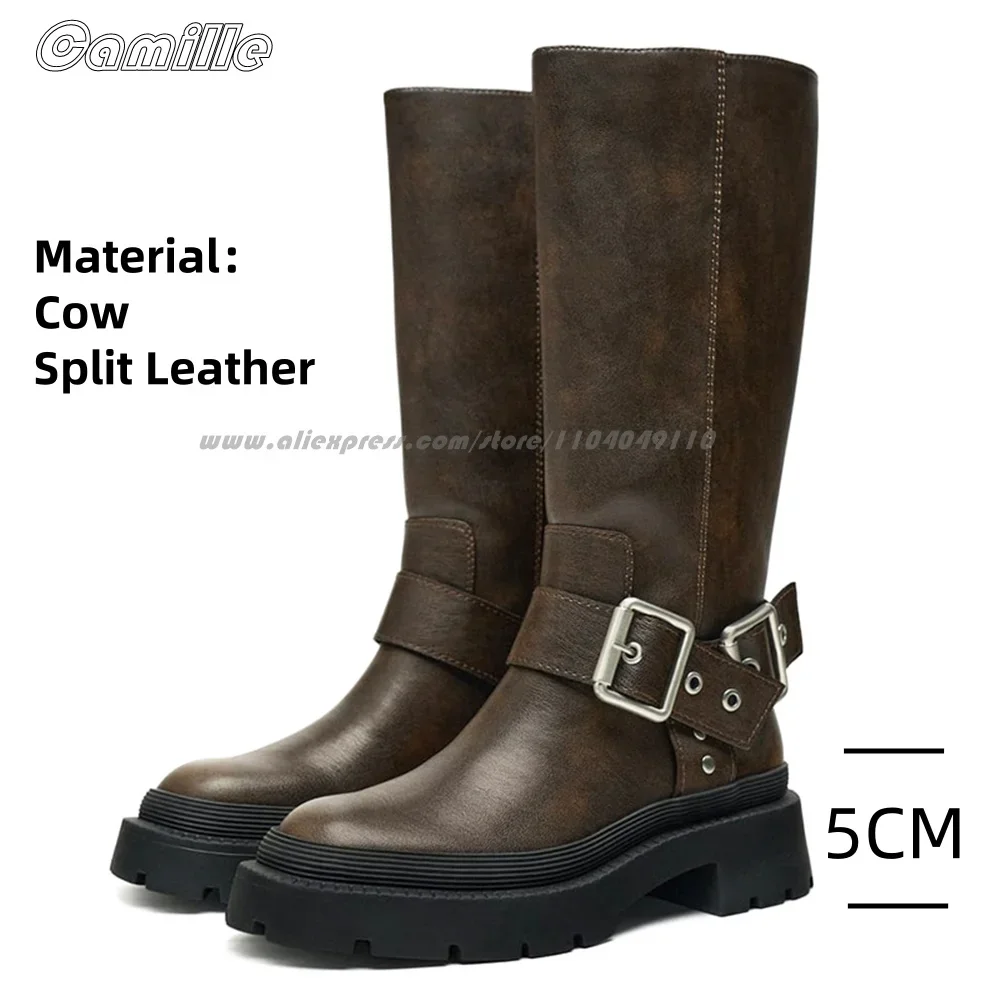 

Retro Brown Belt Buckle Strap Motorcycle Boots Round Toe Platform Size 35-40 All-Match Grace Lady Boots Round Toe Platform Boots