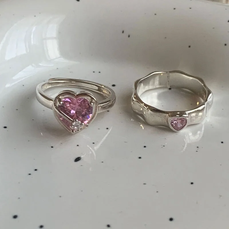 Original 925 Sterling Silver Pink Heart Rings For Women Counple Wedding Engagement Silver Women's Vintage Ring Fine Jewelry