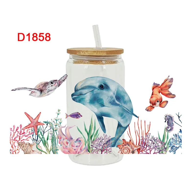 3D UV DTF Transfers Stickers 16oz Cup Wrap Turtle Dolphin Whale Printed For DIY Glass Ceramic Metal Leather Etc. D1804