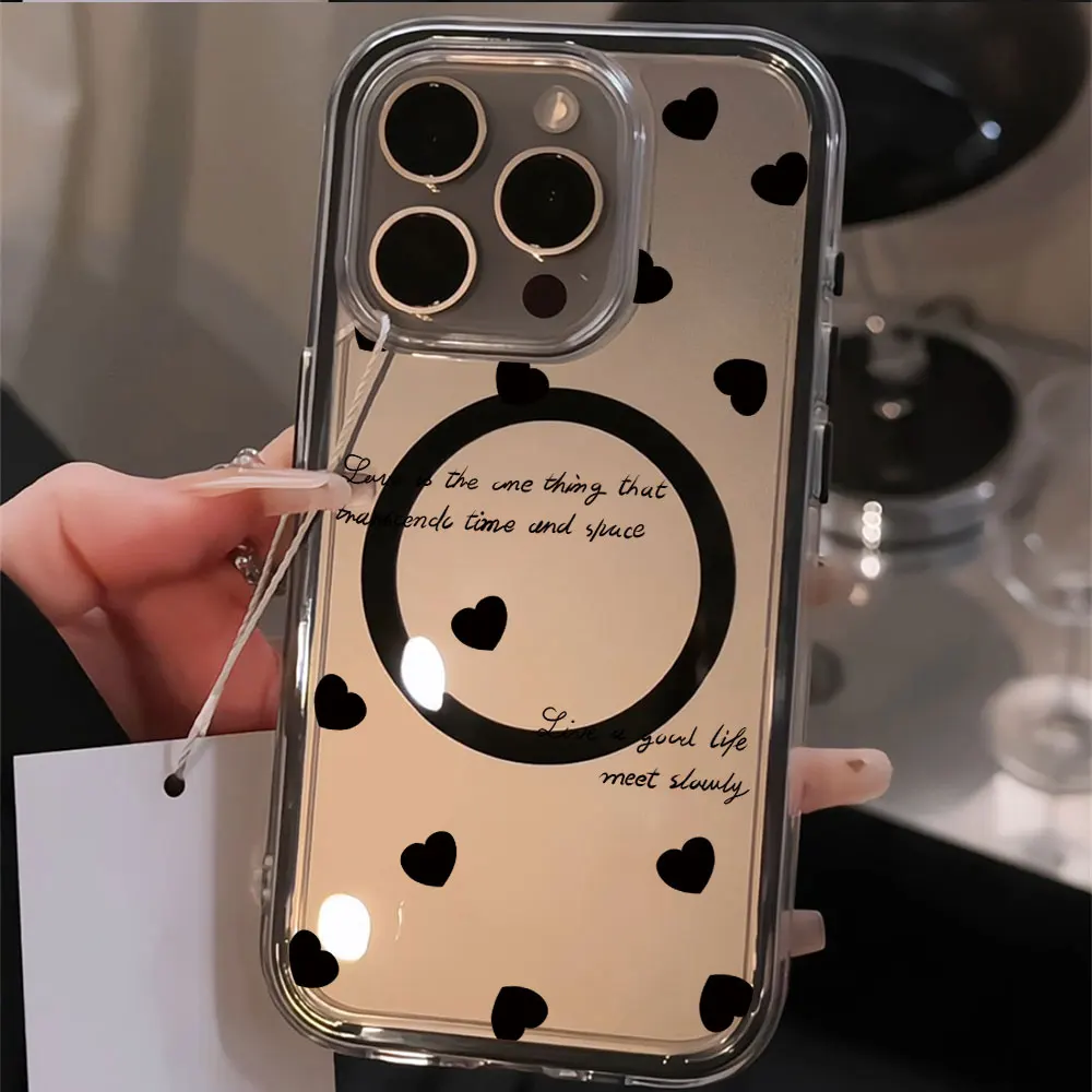 Phone Case For Samsung Galaxy A54 A57 A56 S26 Ultra S24 Plus FE A15 A06 A07 A17 A36 Magnetic Magnetic Korean Black Heart Cover