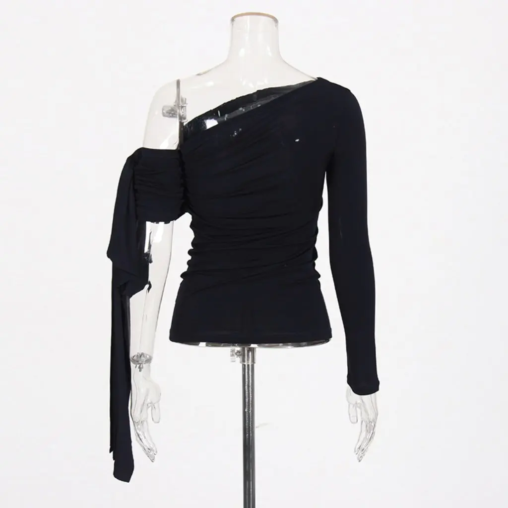 

Женская элегантная футболка с длинными рукавами, асимметричный французский нишевый топ с наклонным воротником на шнуровке, топ в европейском и американском стиле, осенняя новинка