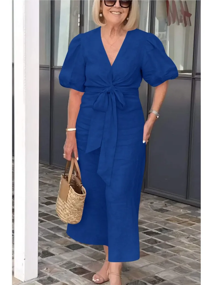 Fashion V Neck White Women Dress Spring Summer Elegant Casual Office Female Solid Lace Up Short Sleeve Dresses Robe Femme New