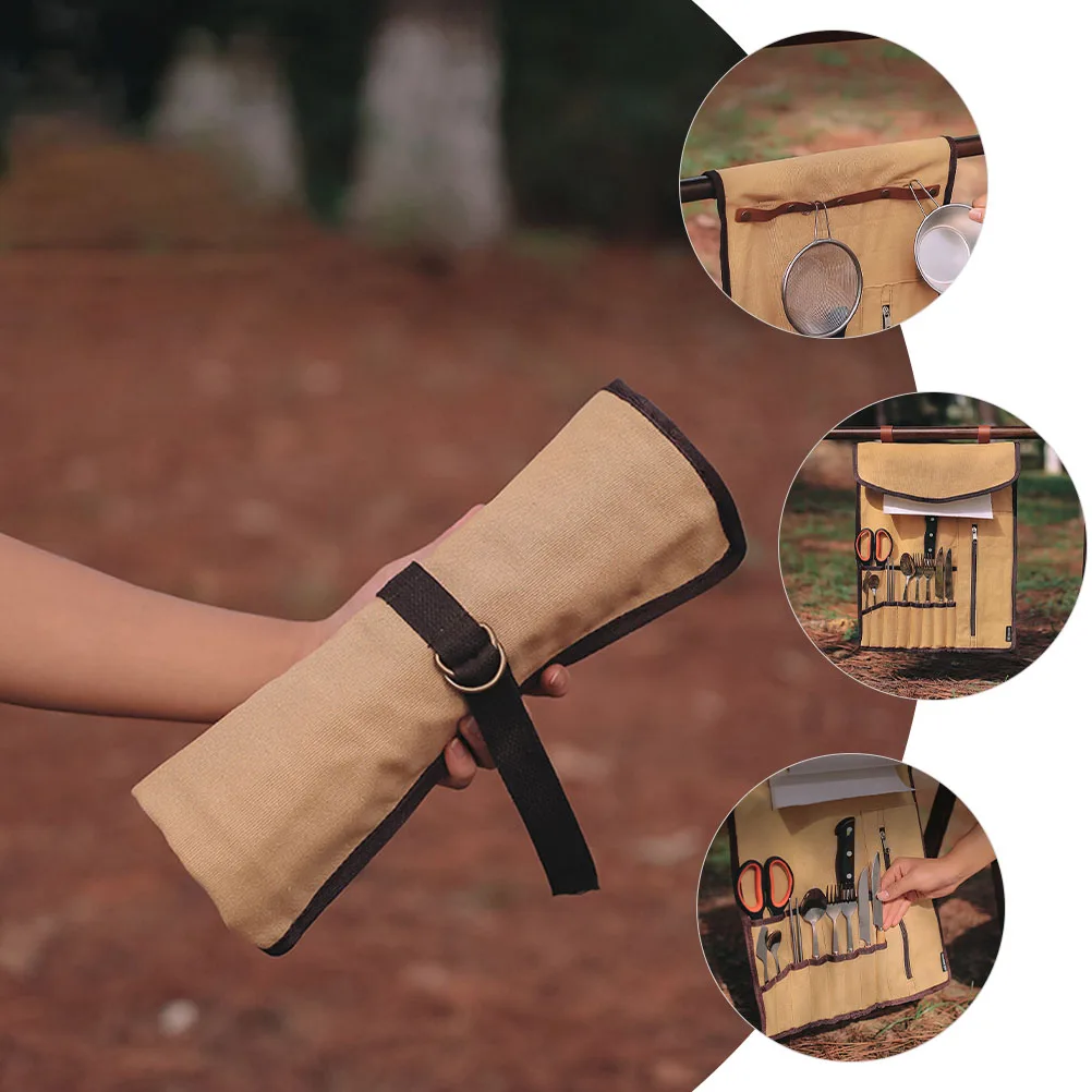 

Premium Canvas Camping Cutlery Bag Portable Folding Tableware Organizer Multi Pocket Storage Pouch For Outdoor Picnic Bbq