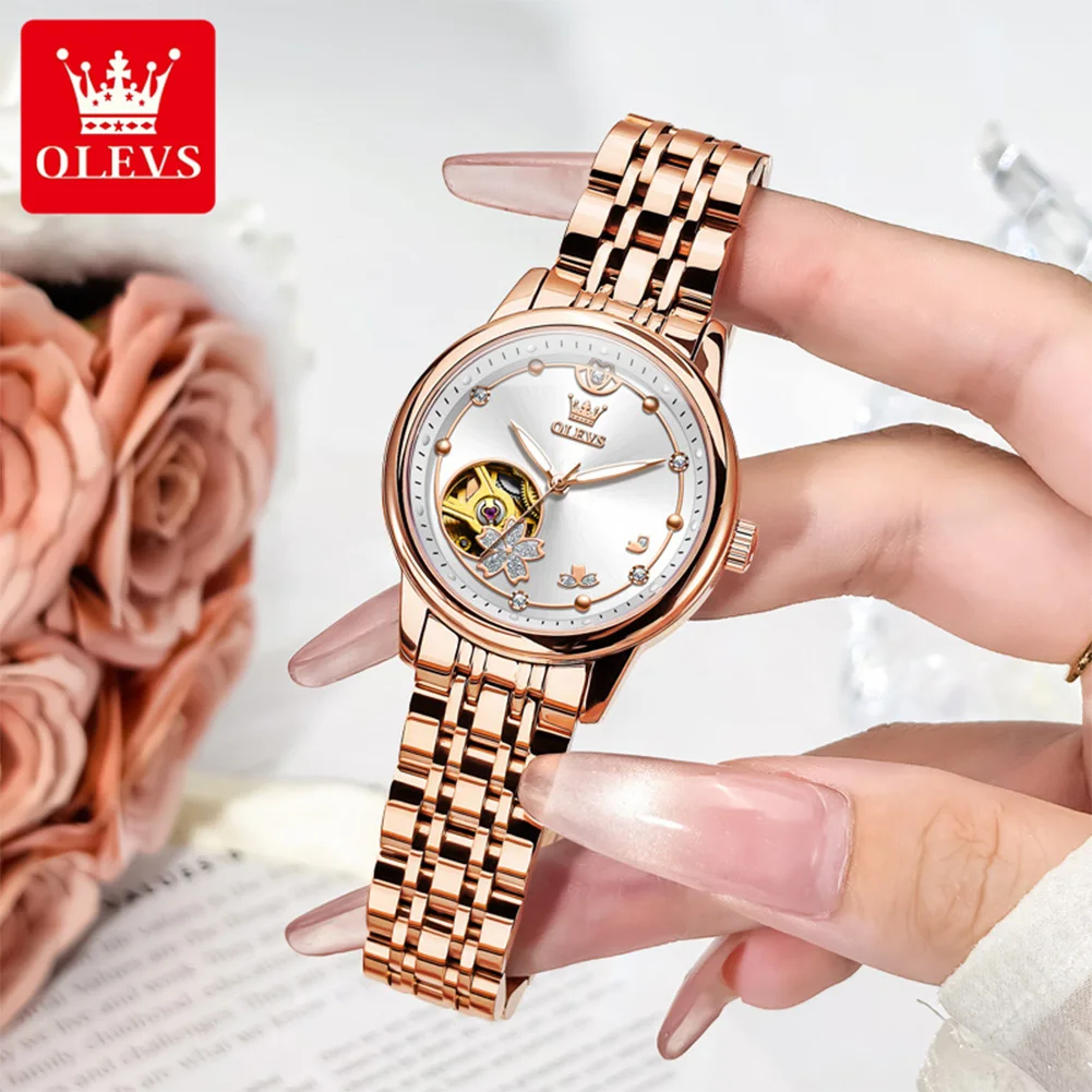 OLEVS 6732 New Womens Watch Original Luxury Skeleton Mechanical Watches Waterproof Luminous Watches For Women Set Bracelet Gift