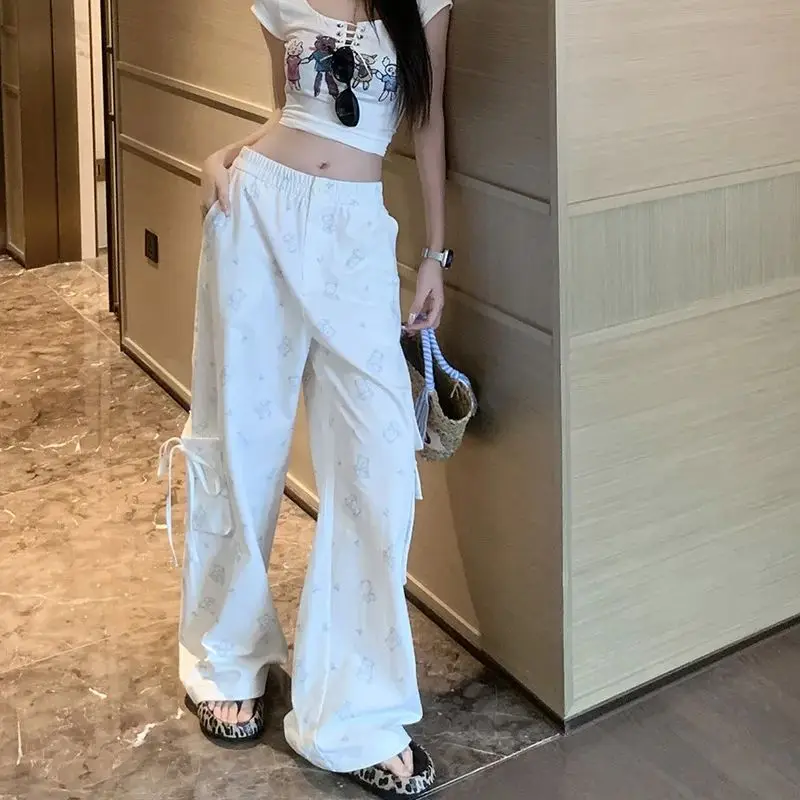 Cute Bear Printed Casual Overalls Elastic Waist Bow Tie Loose Wide Leg Pants Women summer white cartoon bear long pants