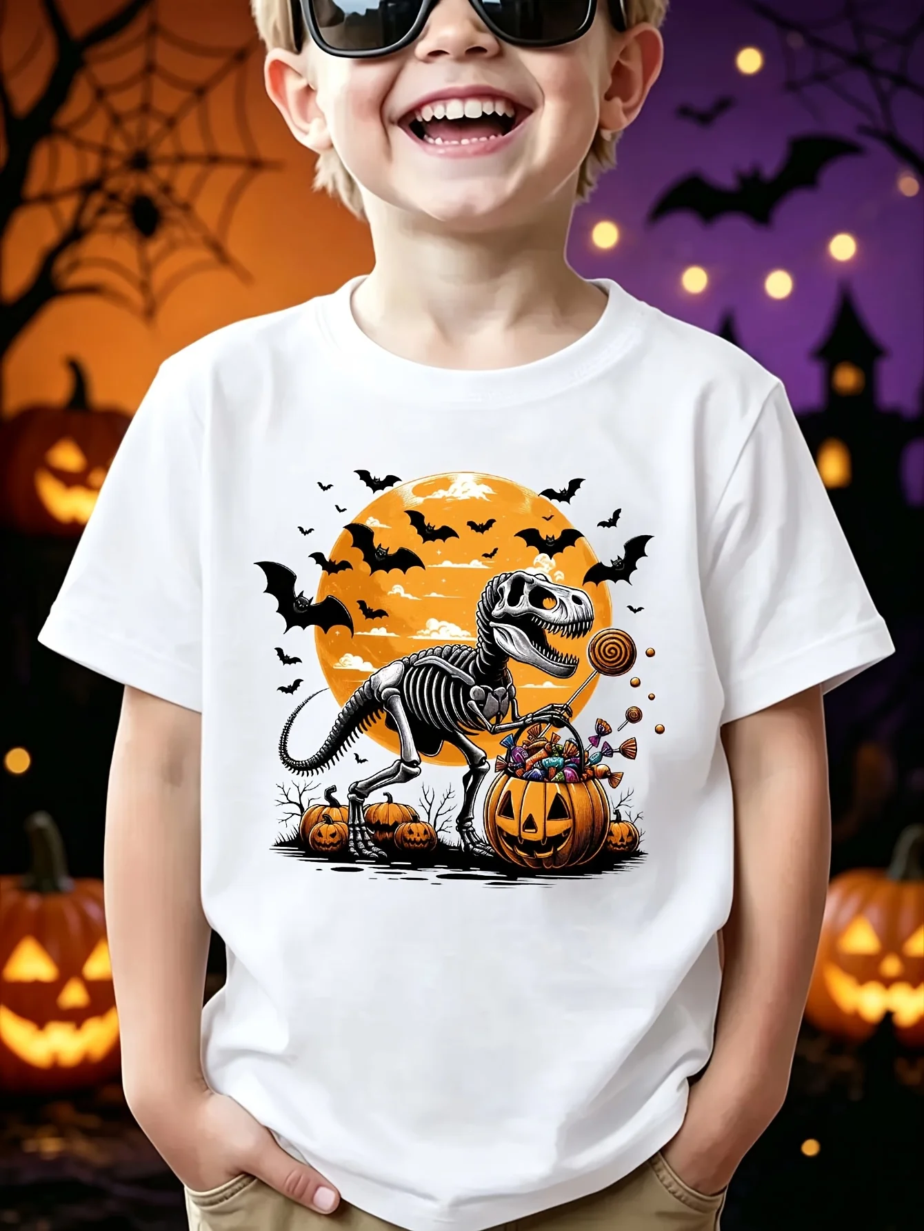 Kids Boys Girls Family Matching T Shirt Halloween Dinosaur Skeleton Pumpkin Graphic Print Short Sleeve Crew Neck Soft Daily Tee