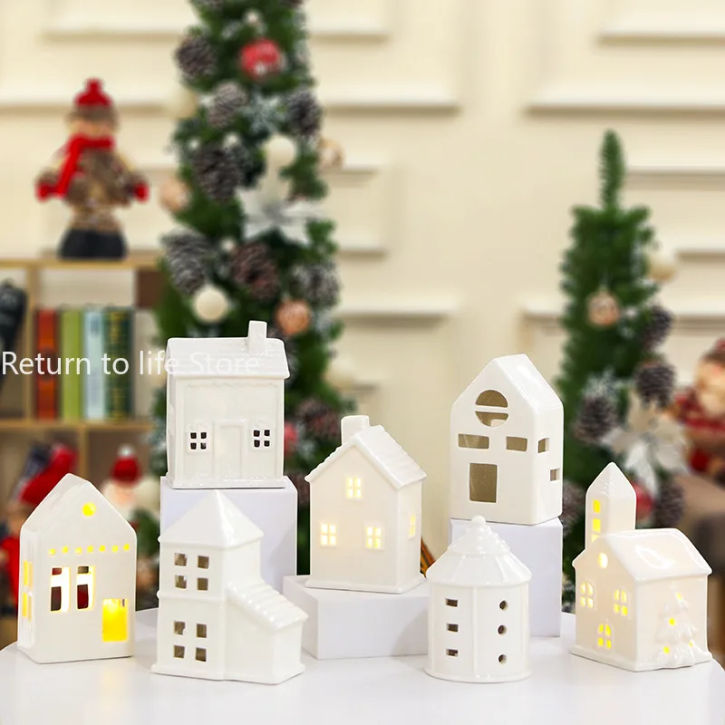 White Xmas Ornaments LED Lights Festival Decorations Ceramic Home Decor Cone House Christmas Light