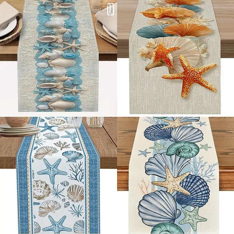 VIKAMA Ocean Theme Table Runner Seashell Starfish Coral Pattern Long Table Cloth For Summer Beach Holiday Dining Decor