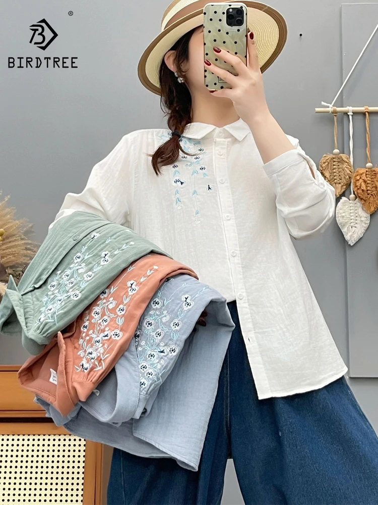 

Новая женская хлопковая блузка с длинным рукавом на весну 2026 года, с отложным воротником и вышивкой, в стиле Mori Girl, мягкая, свободная, для повседневной носки, T61728CC