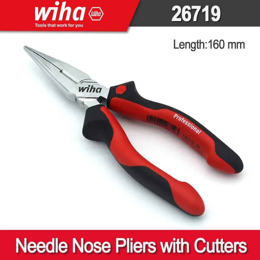 

Wiha 26719 Needle Nose Pliers Professional with Wire Cutters 160 mm Heavy-Duty Long Nose Cutting Pliers